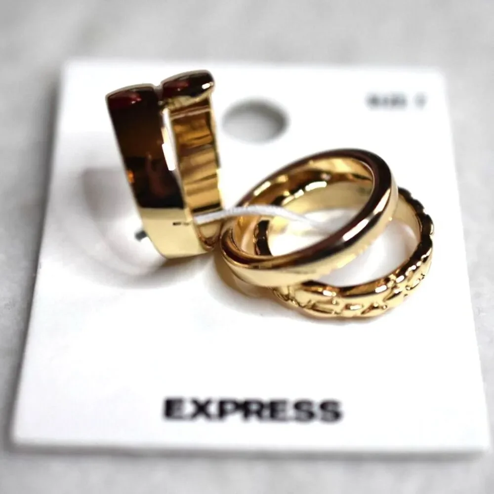 NWT Express 3 Ring Set Gold Tone Sizes 6 & 7 Unisex Casual Stackable Rings